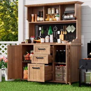 Wooden Garden Cabinet, Garden Tool Cabinet Made Of Solid Fir Wood Freestanding Cabinet With 3 Drawers, 3 Compartments, Metal Pegboard And Adjustable Shelves