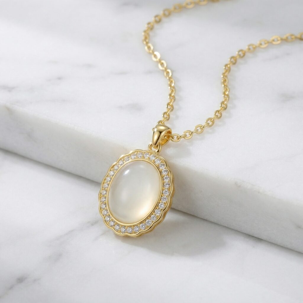 925 Sterling Silver Vintage-Inspired Oval White Gemstone Halo Pendant Necklace with Shimmering Accents