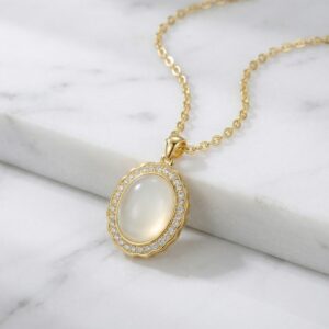 925 Sterling Silver Vintage-Inspired Oval White Gemstone Halo Pendant Necklace with Shimmering Accents