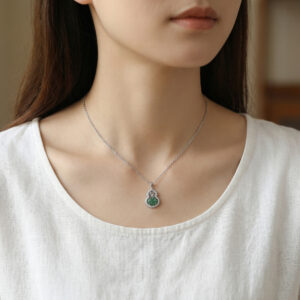 925 Sterling Silver Exquisite Silver Gourd Pendant Necklace with Carved Green Jade and Intricate Filigree