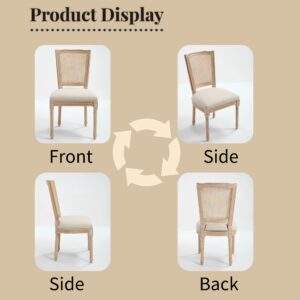 French Country Dining Chairs Set Of 2, Upholstered Chairs With Nature Rattan T Shaped Back, Wire Drawing And Carving Techniques ,Disassemblable , For Living Room, Kitchen , Restaurant Use, Beige