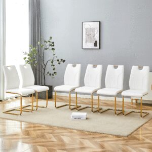 White PU Dining Chair Set.Uniquely Designed White Dining Chairs. PU Material, Paired With Gold Metal Chair Legs. Suitable For Offices, Restaurants, Kitchens, Conference Rooms, Etc. Set Of 6