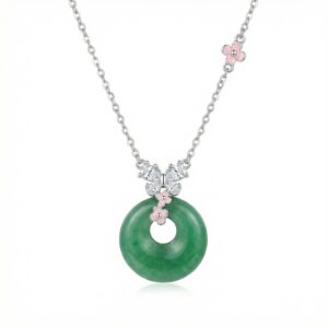 925 Sterling Silver Elegant Green Jade Pi Disc Necklace with Butterfly and Pink Flower Accents
