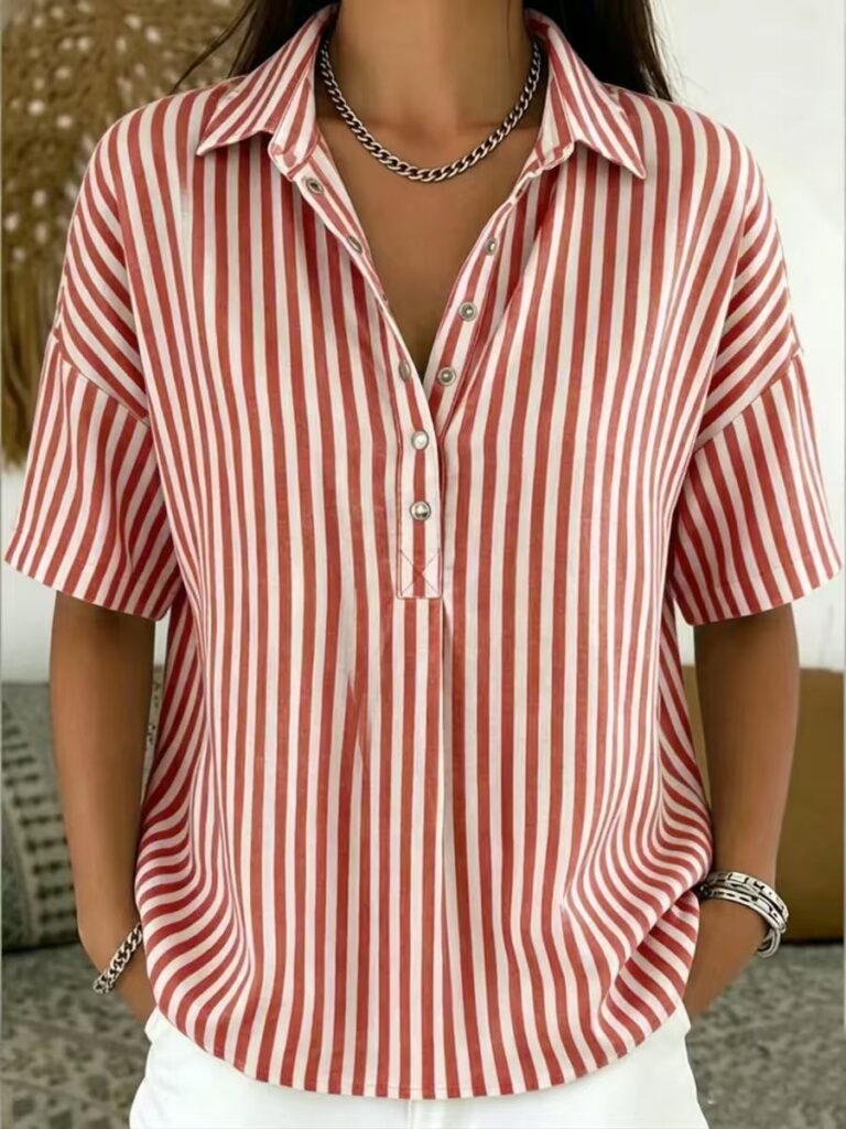 Women's Fashion Casual Striped Short-Sleeve Shirt With Lapel Collar