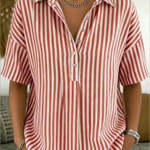 Women's Fashion Casual Striped Short-Sleeve Shirt With Lapel Collar
