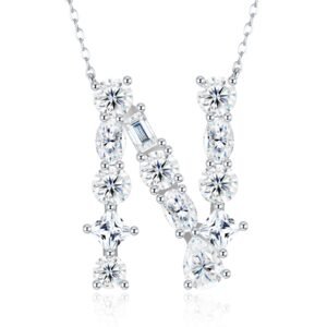 A Luxurious And Fashionable Light Luxury Trend Jewelry Silver Necklace Pendant Featuring 26-letter N Inlaid With Top-quality Moissanite, Made Of S925 Silver Electroplated With Platinum.