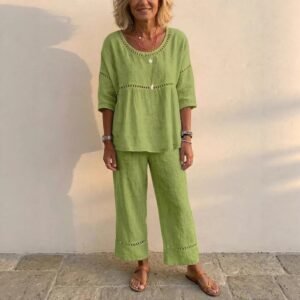 Casual Commuter Comfortable Loose Crew-Neck Linen Set