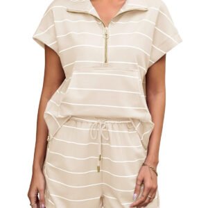 Fisoew Women Summer 2 Piece Outfits Striped Short Sleeve Zipper Shirts Casual Shorts Loose Lounge Short Sets
