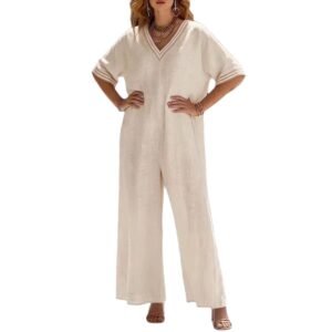 Womens Fashionable Casual Solid-Color Wide-Leg Jumpsuit