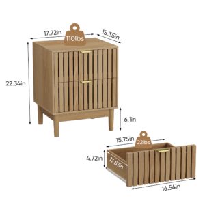 Mid-Modern Style Oak Bedside Table With Grille Design And Two Drawers. Suitable For Bedrooms, Hallways, And Living Rooms. Wooden Side Table, 17.72 X 15.35 X 22.34 Inches, Two-piece Set