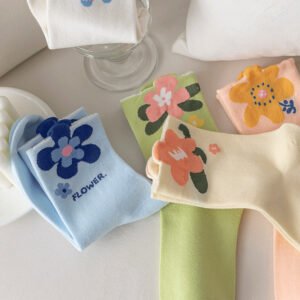 Women's Cute Flower Print Crew Socks, 5-Pack Pastel Color Casual Socks, Soft Floral Pattern Knit Socks For Daily Wear & Spring