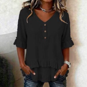 Womens Retro V-Neck Ruffled Loose Short-Sleeve Shirt