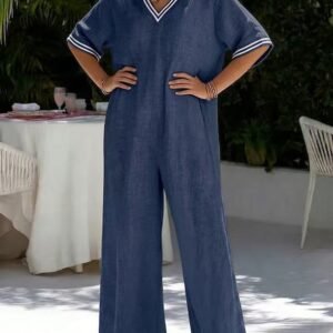 Womens Fashionable Casual Solid-Color Wide-Leg Jumpsuit