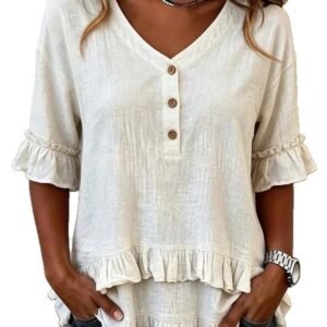Womens Retro V-Neck Ruffled Loose Short-Sleeve Shirt