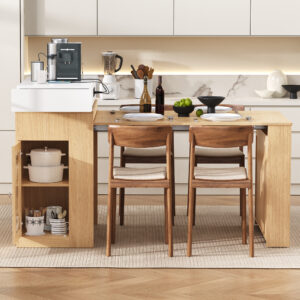 VIDEO TREXM Extendable Dining Table With Folding Tabletop Bar Table With Drawers And Power Outlet Kitchen Island With Wheels And Hooks Sideboard For Kitchen And Dining Room Natural Creamy White