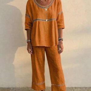Casual Commuter Comfortable Loose Crew-Neck Linen Set