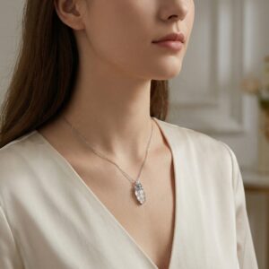 925 Sterling Silver Elegant Silver Necklace with Carved White Jade Leaf Pendant and Sparkling Foliage Accents