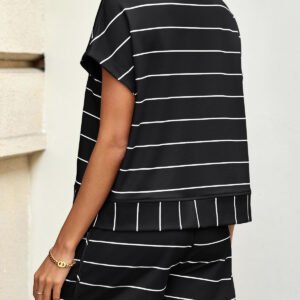 Fisoew Women Summer 2 Piece Outfits Striped Short Sleeve Zipper Shirts Casual Shorts Loose Lounge Short Sets