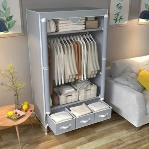 Portable Closet Wardrobe With Rolling Door & Hanging Rack - Lightweight Clothes Storage Organizer, 3 Drawers & Curtain Design-67x35x17 Inches