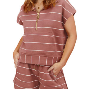 Fisoew Women Summer 2 Piece Outfits Striped Short Sleeve Zipper Shirts Casual Shorts Loose Lounge Short Sets