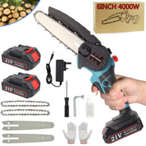 2 Batteries 4000W Mini Chainsaw Cordless 6 Electric One-Hand Saw Wood Cutter