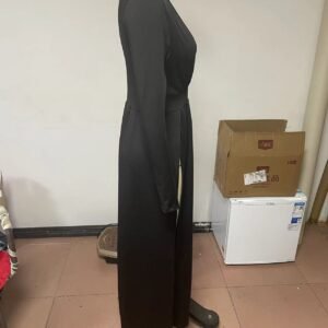 Long-sleeve V-neck Solid-color Hollow-out Dress
