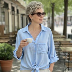 Solid-color Buttoned V-neck Casual Versatile Lace-up Shirt