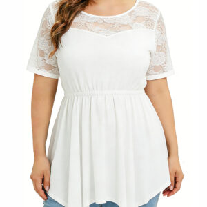 Lace Short-sleeve Top With Elastic Hem, Sheer Fabric, And A Round Neckline