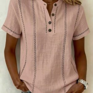 Casual Short-Sleeve Stand-Collar Solid-Color Patchwork Womens Shirt