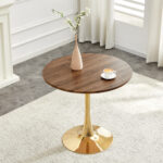 Round Dining Table, 31.5in Circle Tulip Table With Thickened Tabletop & Metal Pedestal, Mid Century Modern Bistro Table For Kitchen, Small Places, Living Room, Cafe Faux Walnut
