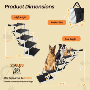Aluminum Frame Foldable Dog Stairs, 5 Steps Heavy Duty Pet Ramp With Non Slip Surface And Soft Foam Handle, Dogs Stairs For Cars, High Beds, Truck, Supports Up To 250 Lbs