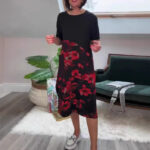 European And American Style Fashionable Patchwork Printed Crew-Neck Midi Dress