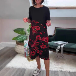 European And American Style Fashionable Patchwork Printed Crew-Neck Midi Dress