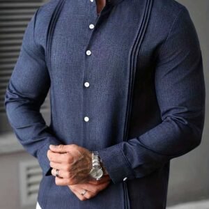 Mens Solid Color Stand Collar Single-Breasted Long-Sleeve Shirt