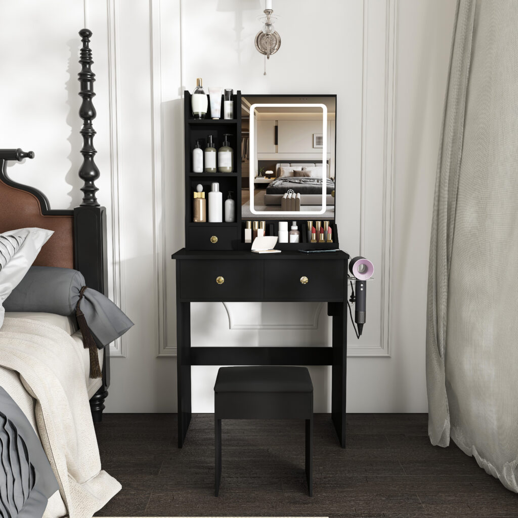 Modern Small Vanity Desk Featuring 3 Modes Of LED Lighting With Adjustable Brightness 3 Drawers And Multiple Open Storage Shelves A Hair Dryer Holder And Power Socket And A Dressing Chair. Black