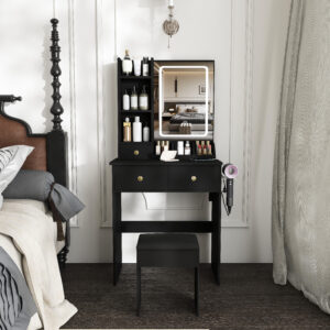 Modern Small Vanity Desk Featuring 3 Modes Of LED Lighting With Adjustable Brightness 3 Drawers And Multiple Open Storage Shelves A Hair Dryer Holder And Power Socket And A Dressing Chair. Black