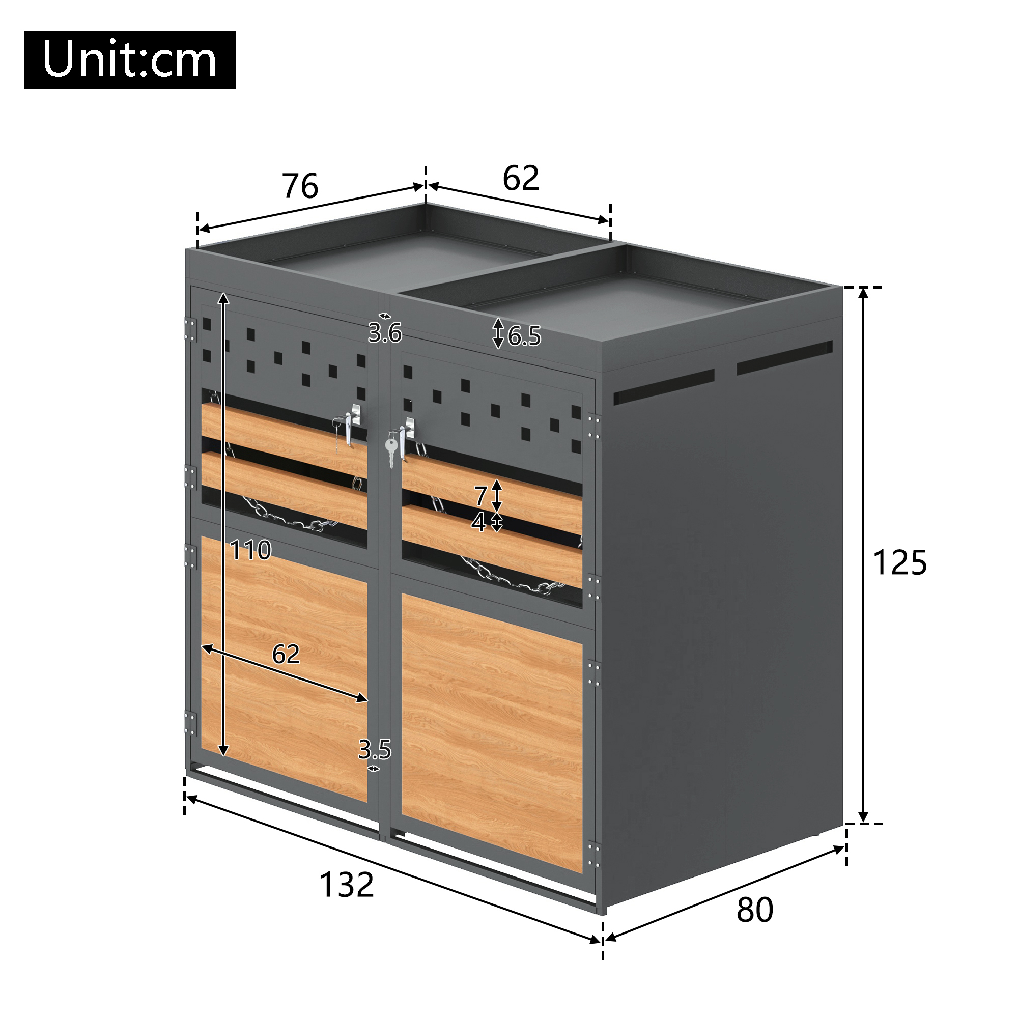 Double Bin Storage Box With Green Roof, 120-240 Liter Capacity, Anthracite, Wood-look Door, Including Extension Option, Storage Box For Bins, Bin Storage - Image 2