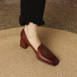 Retro Brown Chunky-Heel Pumps Women's Sheepskin