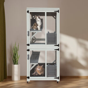 30.7 Wooden Catio Outdoor Cat Enclosure, Luxury Cat House On Wheels With Napping House, 4 Platforms & Weatherproof Asphalt Roof, Large Kitty Cat Condo Cage Shelter Playpen With Sliding Doors