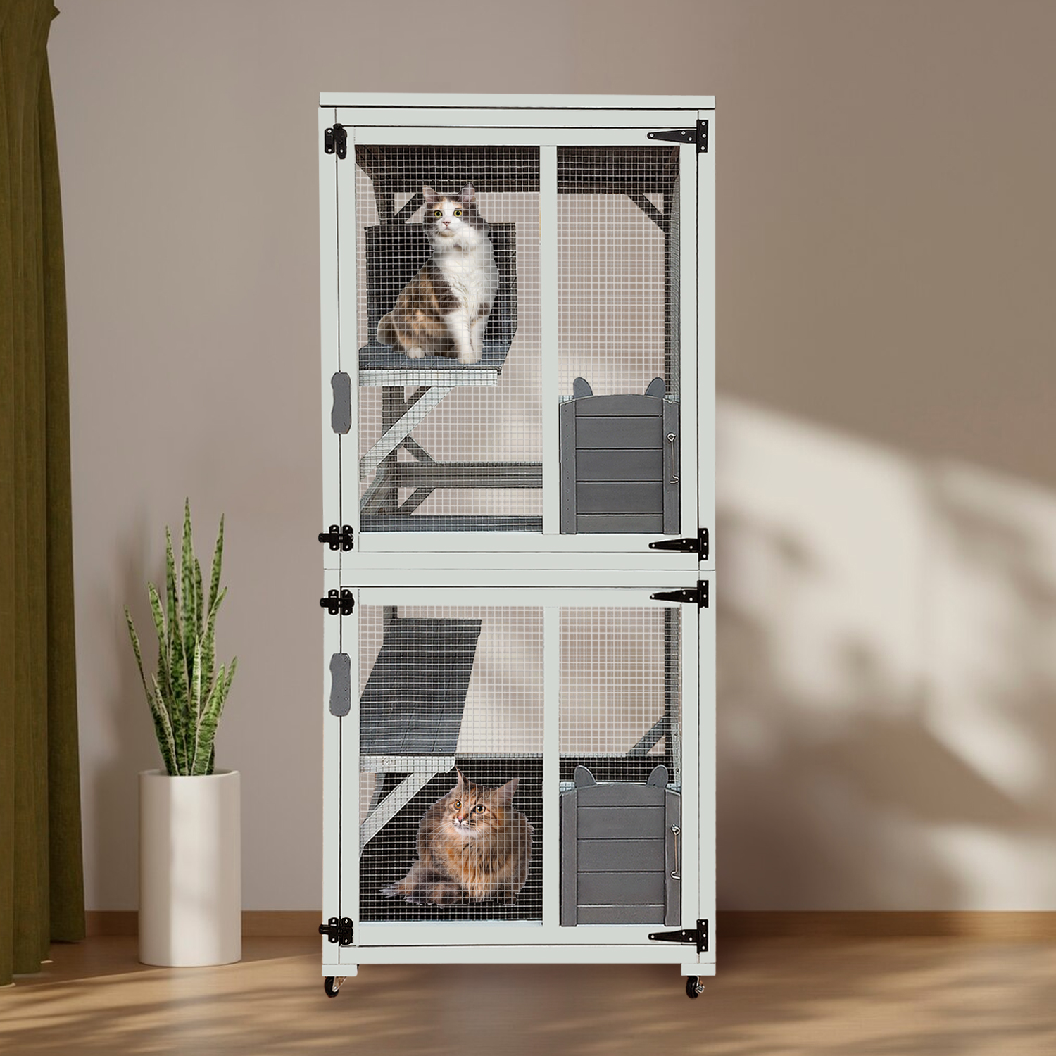 30.7 Wooden Catio Outdoor Cat Enclosure, Luxury Cat House On Wheels With Napping House, 4 Platforms & Weatherproof Asphalt Roof, Large Kitty Cat Condo Cage Shelter Playpen With Sliding Doors