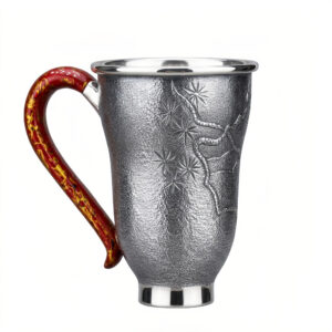 925 Sterling Silver Handcrafted Silver Textured Mug with Elegant Red Patterned Handle and Pine Engravings - Handicraft