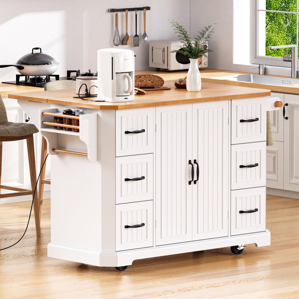 K&K 56 Inch Kitchen Island With Rubber Wood Veneer Drop Leaf, Power Outlet, 4 Door Shelves, Embossed Vertical Stripe Rolling Kitchen Cart On 4 Wheels With 6 Deep Drawers For Kitchen, Dining Room,White