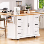 K&K 56 Inch Kitchen Island With Rubber Wood Veneer Drop Leaf, Power Outlet, 4 Door Shelves, Embossed Vertical Stripe Rolling Kitchen Cart On 4 Wheels With 6 Deep Drawers For Kitchen, Dining Room,White