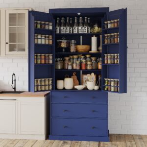 TOPMAx 77 Farmhouse Kitchen Pantry Freestanding Tall Cupboard Storage Cabinet With 3 Adjustable Shelves 8 Door Shelves 3 Drawers For Kitchen Dining Room Blue SP000047