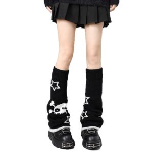 Y2K Star Skull Knit Leg Warmers, Black White Ribbed Slouch Socks, Goth Aesthetic Knit Leg Warmers For Women