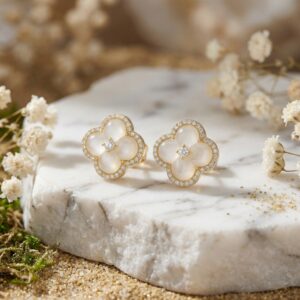 925 Sterling Silver Elegant Four-Leaf Clover Studs with Luminous Creamy Stones and Sparkling Diamond Accents