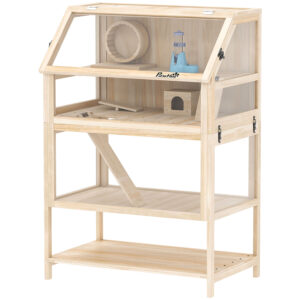 Wooden Hamster Cage For Wood Acrylic With Detachable Lower Floor, Storage Shelf, Hut, Seesaw, Exercise Wheel