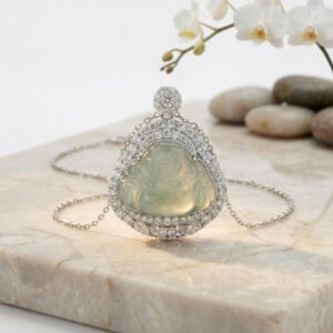 925 Sterling Silver Elegant Natural Green Jadeite Laughing Buddha Pendant Necklace with Sparkling CZ Accents