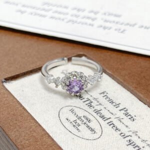 Lucky Purple Zircon Full Paved Ring, Super Sparkly Floral Open Ring, Light Luxury Exquisite Finger Band