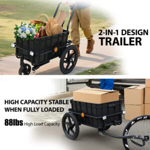 2- In- 1 Bike Cargo Trailer Pushcart Bicycle Trailer With Removable Box And Waterproof Cover Black Pushcart Stroller With Tow Hitch And Removable Handlebar Black
